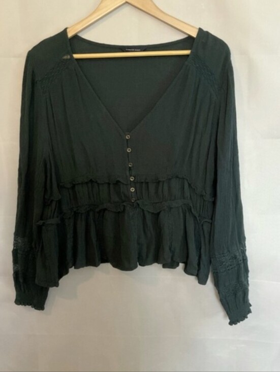 American Eagle Outfitters Tops - American Eagle Smocked V-neck Button Front Top Forest Green Boho XL